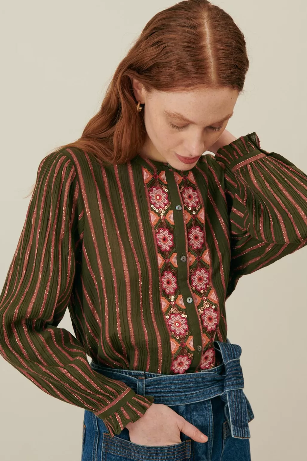 Louise Misha Blouse Jeannia Khaki Copper Stripes Cheap